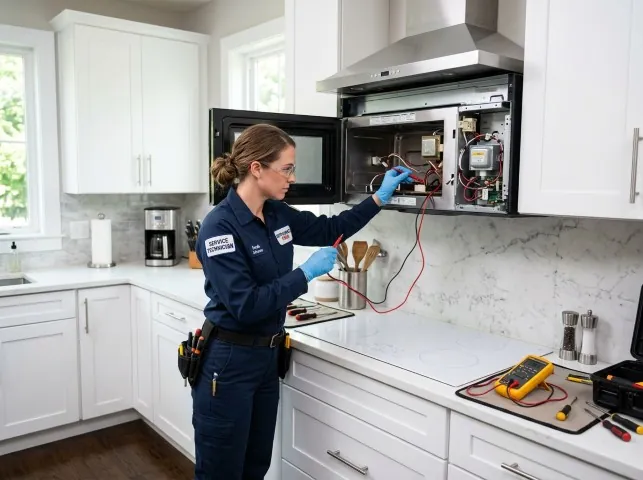 Appliance Repair Hero technician testing an over-the-range microwave in a Bluefield, WV kitchen